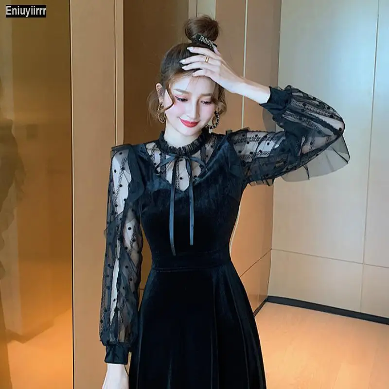 

Ретро Уличная Женская винтажная кружевная трапециевидная мини-платье с вырезом-стойкой и бантом, вечерние короткие платья