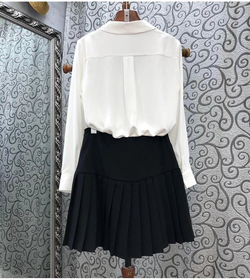 

Latest Designer Skirt Suits 2020 Autumn Ladies Color Block Bow Tie Elegant Long Sleeve Shirts+Pleated A-Line Basic Skirt Sets