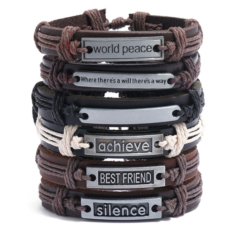 

Vintage Fashion Punk Genuine Leather Bracelets Set Letter Words Best Friend Peace Achieve Charm Bangle Wristbands Casual Jewelry