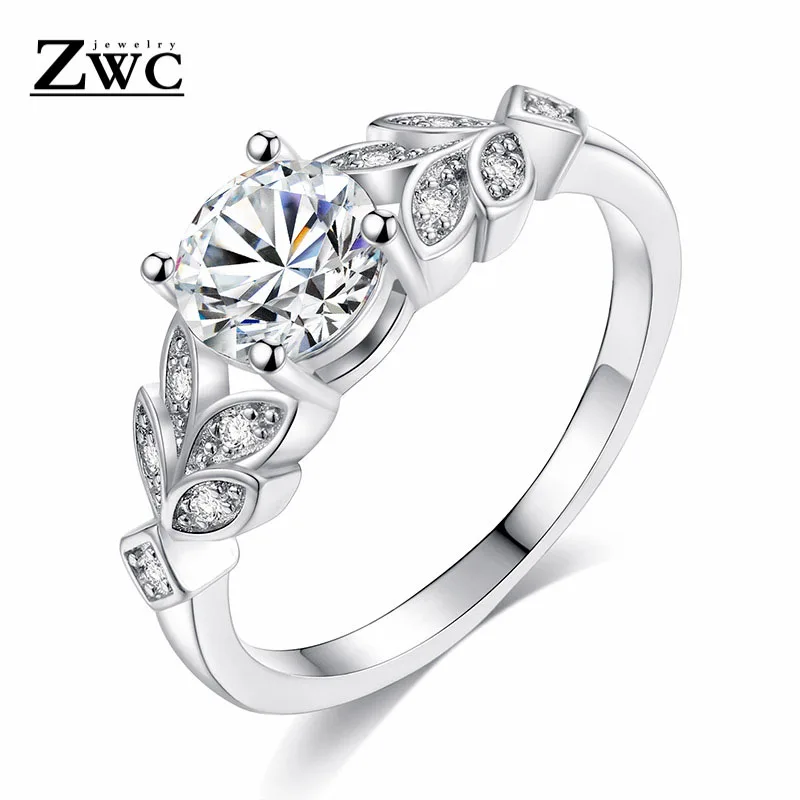 

ZWC Fashion Crystal Silvery Women Leaf Engagement Rings Zircon Cubic Graceful Girls White Rose Gold Ring Size 6 7 8 9 Jewelry