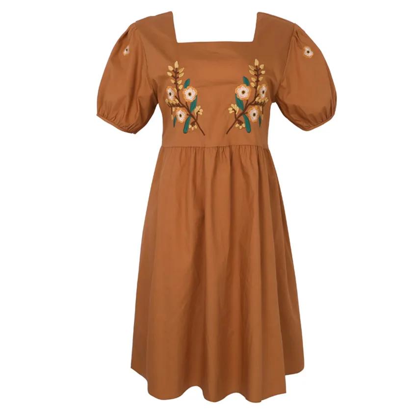 

Floral Embroidery Casual Shirt Dress Women Puff Sleeve Elegant Cotton Dress Summer French Style Dresses Vestidos