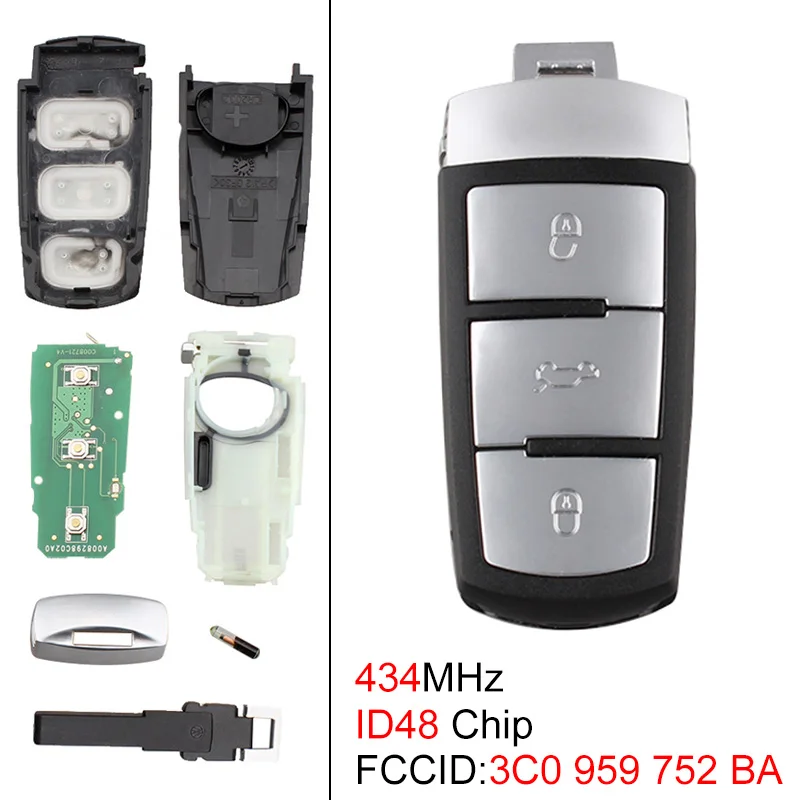 Флип-карта без ключа, 434 МГц, 3 кнопки, с чипом ID48 3C0959752BA, подходит для Passat B6 3C B7 Magotan CC 2006-2011