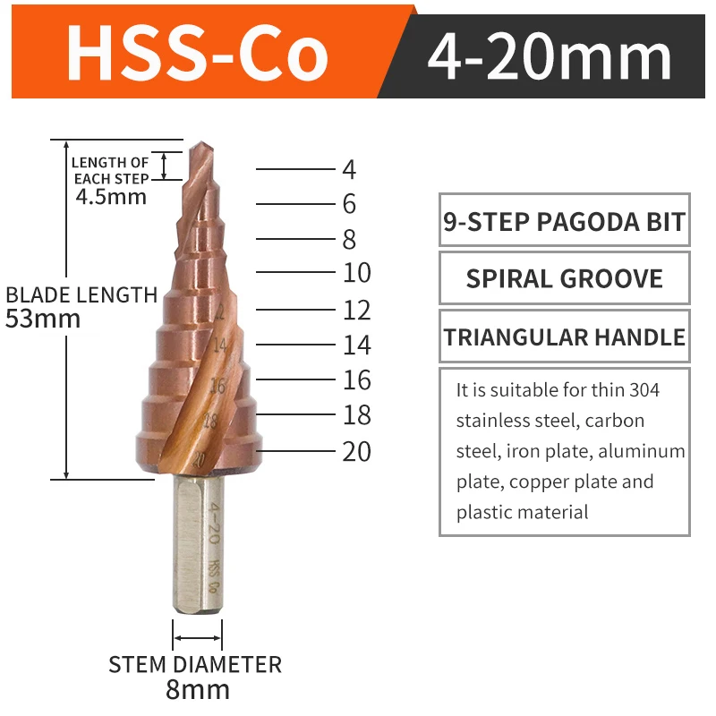 

Hss-co Metal Drill 4-12 / 20 / 32mm Step Drill Bit Set Cone Hole Cutter Taper Titanium Coated Metal Round Hex Core Drill Bits