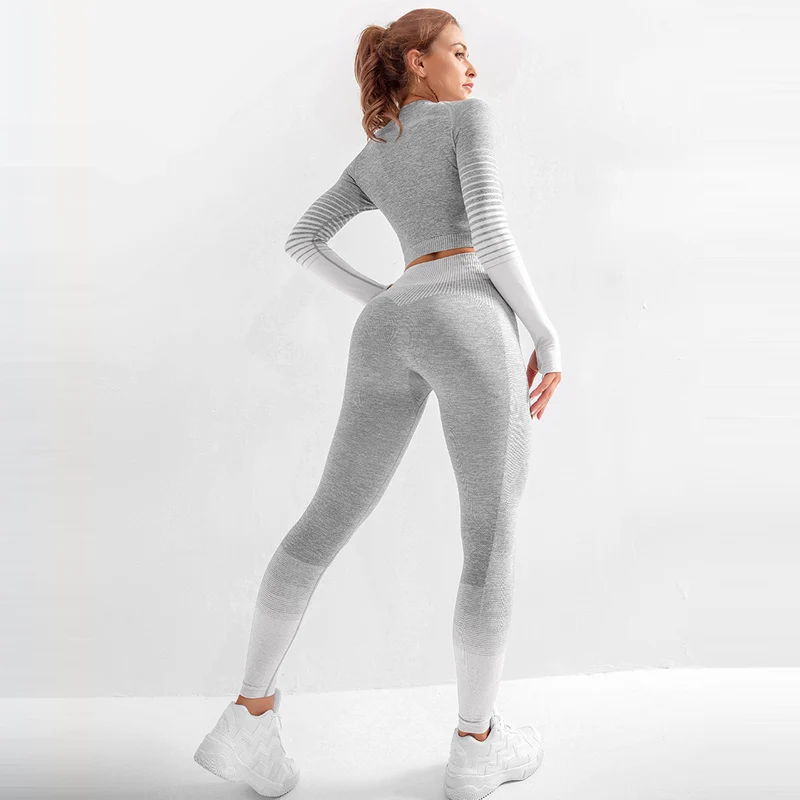 

Seamless Yoga Set Women Long Sleeve Crop Tops High Waist Tummy Control Sport Leggings Gym Sports Suits Fitness Clothing