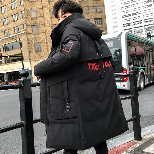 black red Зимнее длинное пальто для мужчин модная Толстая теплая хлопковая стеганая меховая парка с длинным капюшоном Мужская ветровка Хип-хоп пуховик для мужчин - Цвет: black red