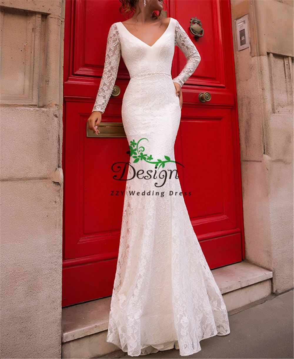 

Excellent White Lace Long Sleeves Deep V-Neck Sheath Illusion Dropped Beading vestido de noiva Custom-Made Simples Bridal Dress