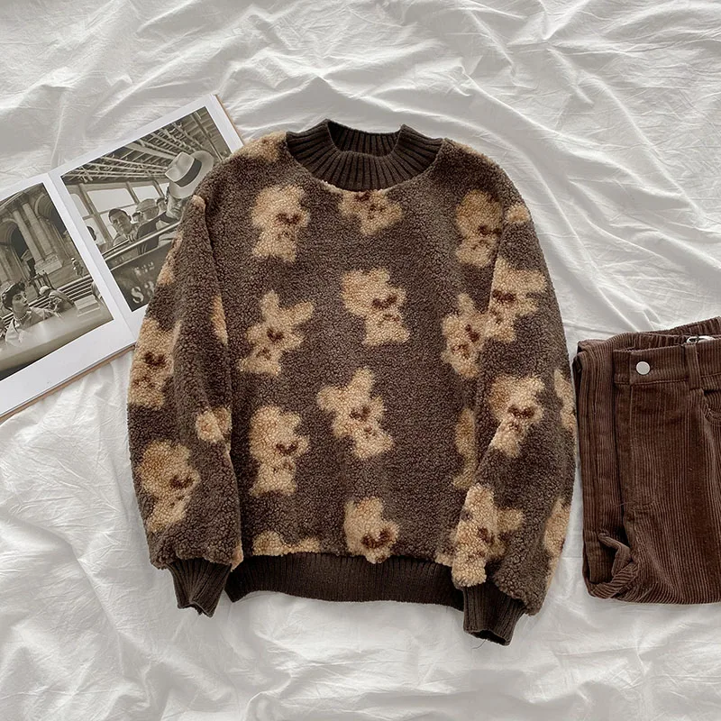 Kuzuwata Chic Funny Cartoon Bear Pattern Women Sweaters 2021 Autumn New Preppy Style Pullovers Casual O Neck Warm Tops 1H874 | Женская