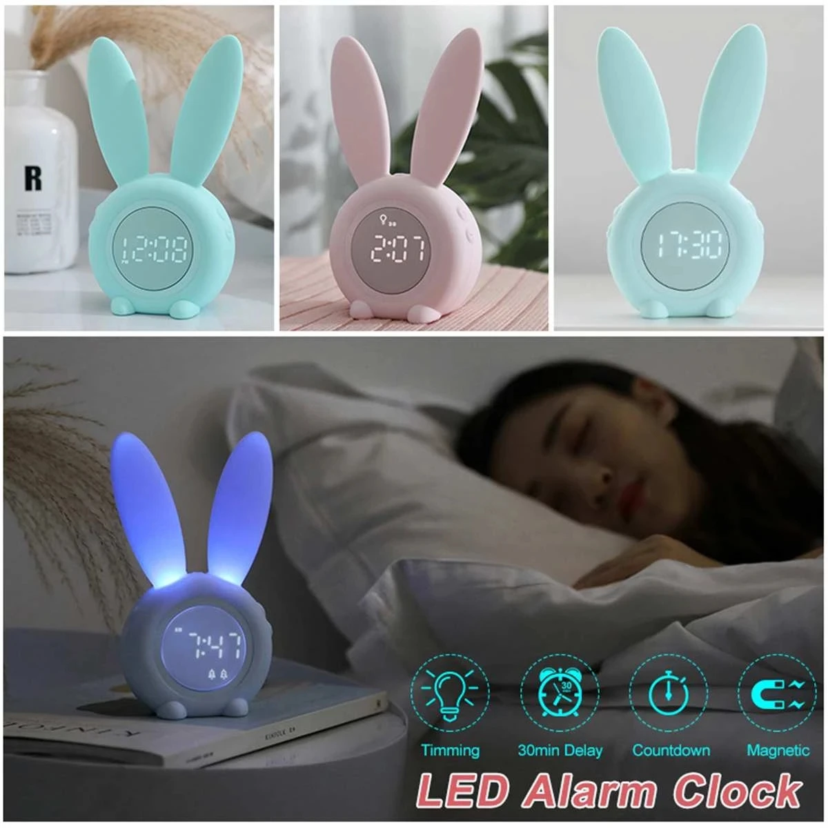 Bunny Ear LED Digital Alarm Clock Electronic LED Display Sound Control Cute Rabbit Night Lamp Desk Clock For Home Decoration