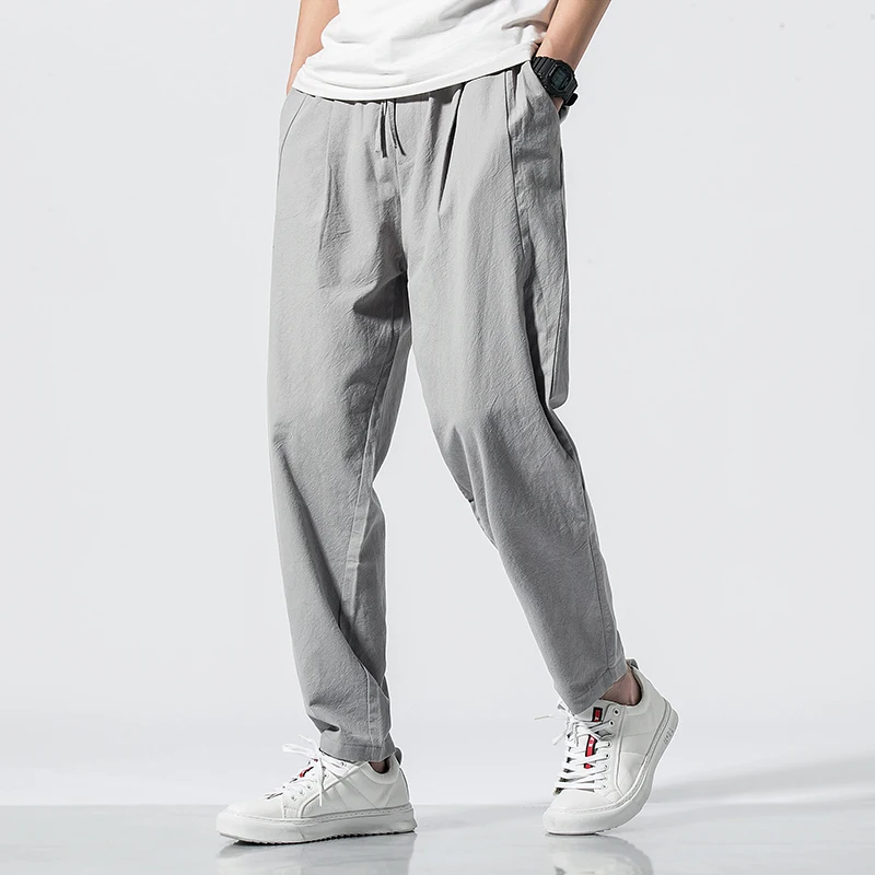 Мужские повседневные хлопковые шаровары прямые свободные брюки с эластичным