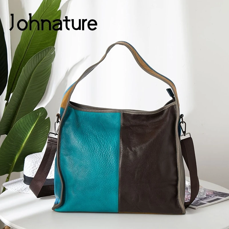 

Johnature 2022 New Vintage Women Bag Genuine Leather Casual Tote Soft Cowhide Shoulder Bags Large Capacity Random Color Handbag