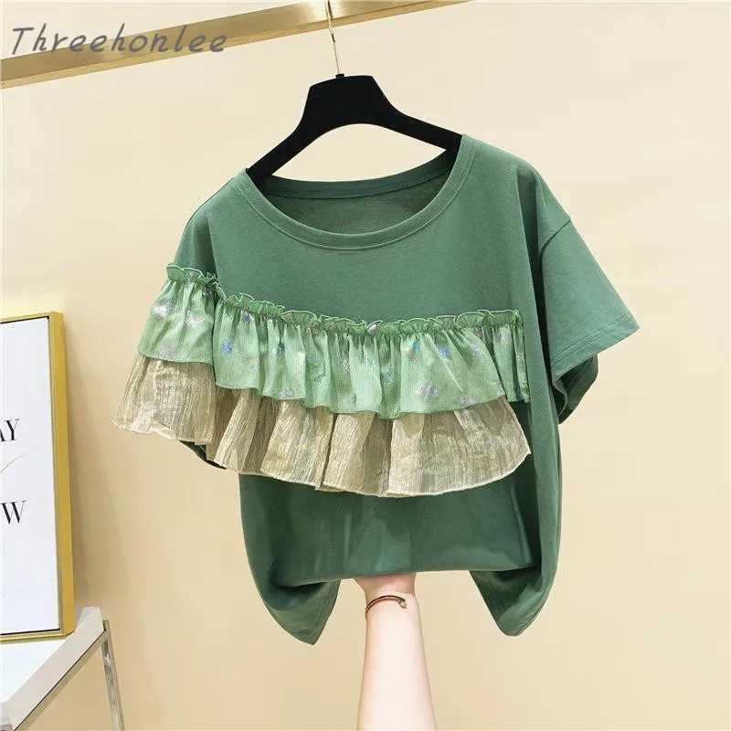 

Plus Size 2021 Summer New Fashion Casual Woman T-shirt O-neck Short Sleeve Ruffles Lace Pachwork Female Top