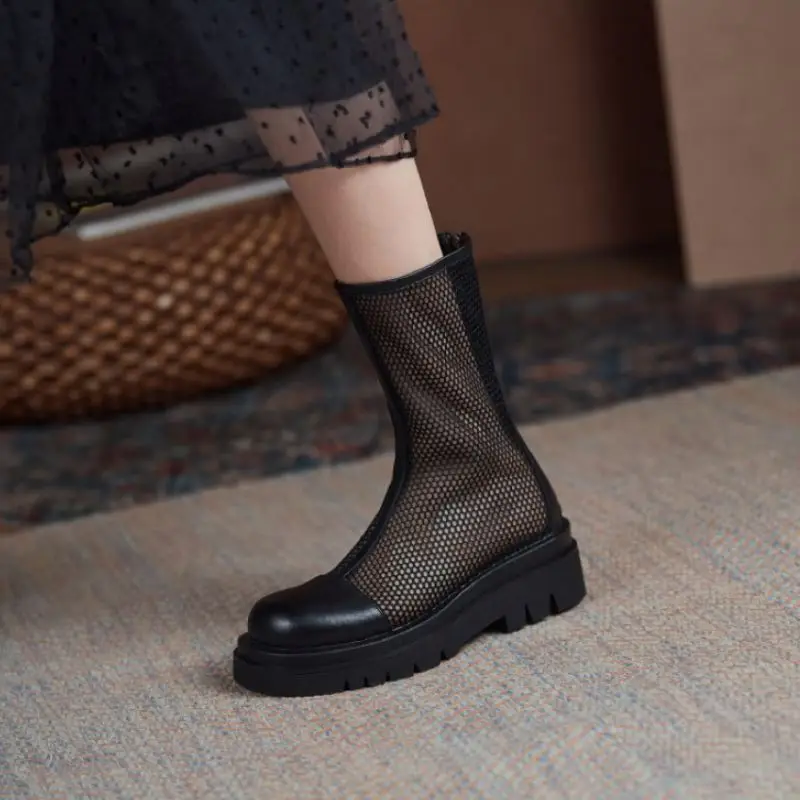 

KemeKiss 2021 Real Leather Women Summer Boots Cool Round Toe Zipper Square Heel Hollow Out Outdoor Shoes Footwear Size 33-43