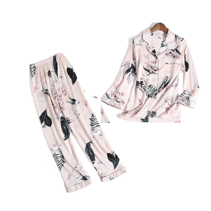 

Spring&Summer Pajamas Pants Suits For Womens Silk Satin Trousers Sets Female Printed Soft Wide Pijamas Casual Thin Home Clothes