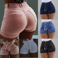 feminino pockets skinny women belted high waist washed jeans shorts female pockets wash denim high waist shorts ladies