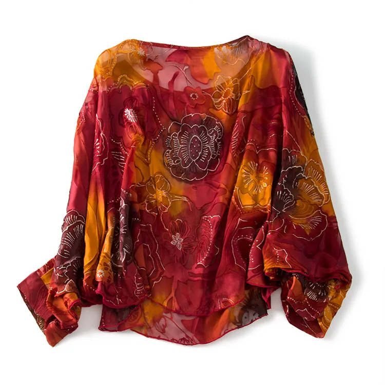 Женская летняя блузка 100% из натурального шелка с круглым вырезом прозрачная