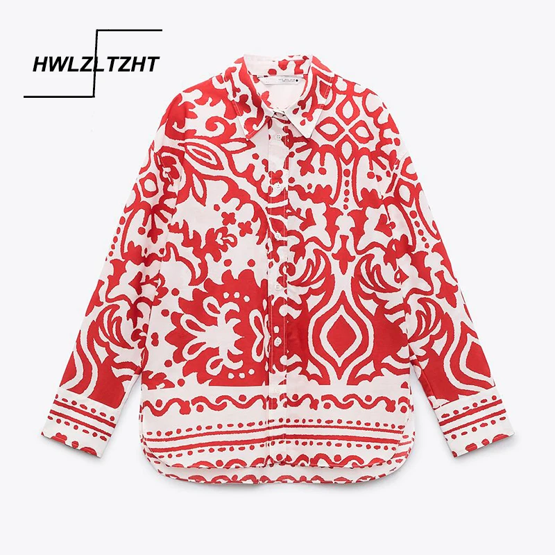 

HWLZLTZHT Women Blouse Top Summer Fashion Print Loose Casual Blouses Chic Button Long Sleeve Female Shirts 2021 Top Woman Shirt