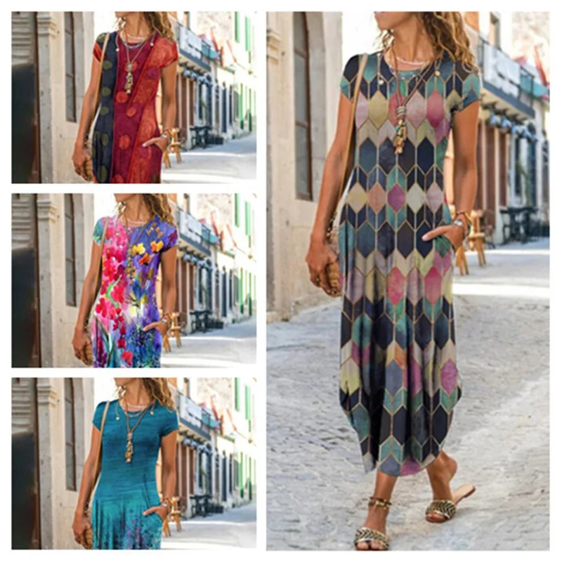 

3D Print Long Dress Elegant Women V Neck Short Sleeve Sundress Office Lady Party Dress 2021 Summer A-Line Dress Female Vestidos