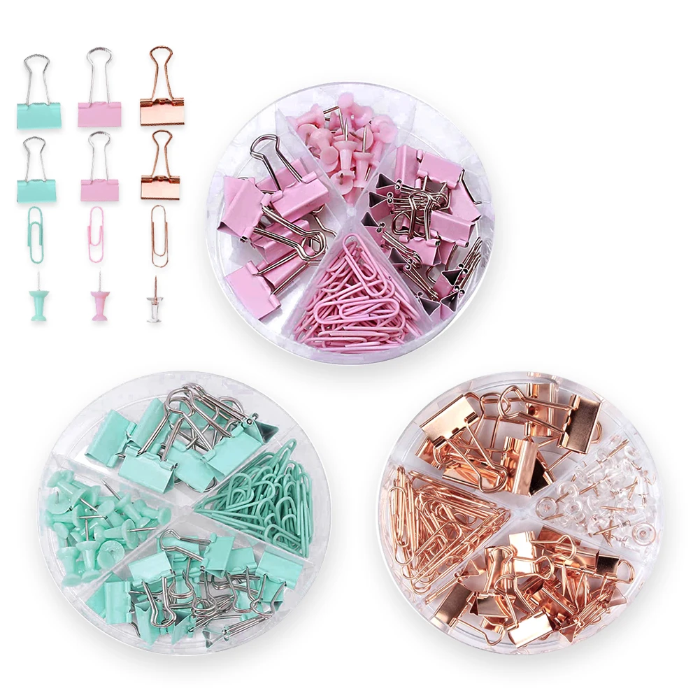 

72Pcs/Set Metal with box Binder decorative Clips 3 Colors Paperclips Push Pins Binder Clips Stationary Medium Small Office Study