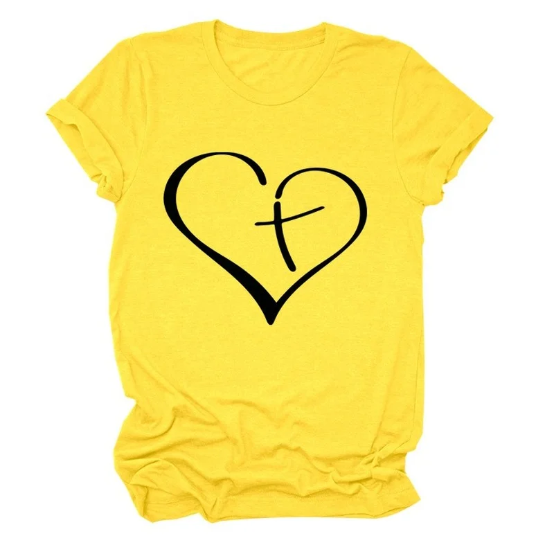 

Women T Shirt Heart Cross Print Tee Shirt Short Sleeve Crew Neck Loose Casual TShirt Ladies Tops Camisetas Mujer Femme Clothes