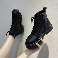 new black thick soled boots womens boots spring and autumn leather boots lace up motorcycle ankle boots thick heel high heels