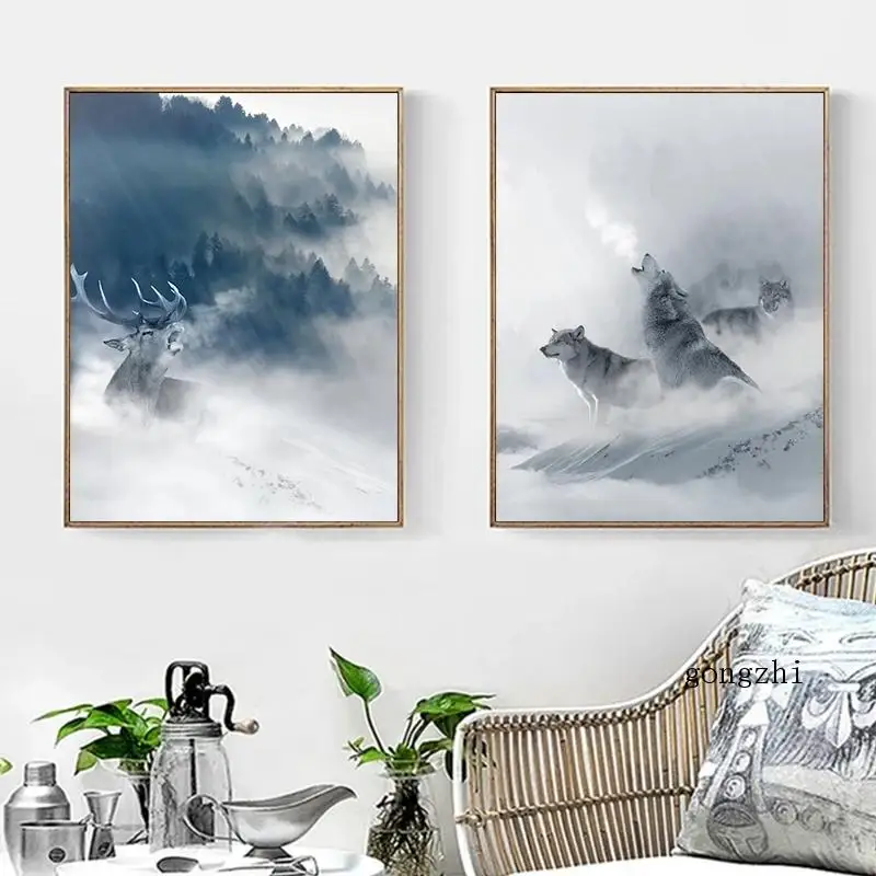 Синий лес снег гора плакат волк фотообои и принты Современная Минималистичная