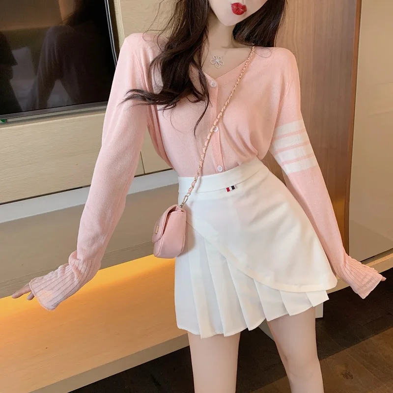 

Two Piece Sets Knitted Cardigan Minus Age V-Neck Side Split Double-Breasted Prevented Bask Unlined Women Mini Skirt Sweet Wind