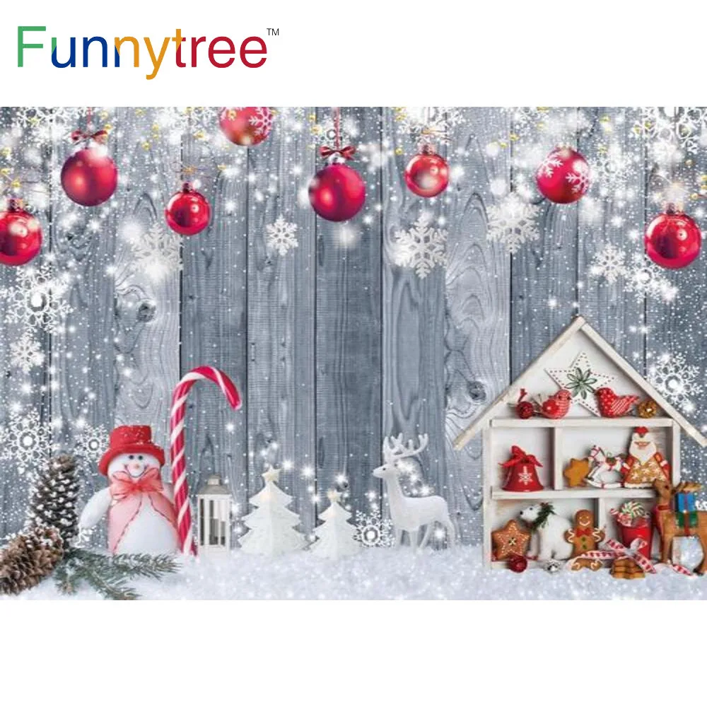 

Funnytree Christmas Party Background Wood Floor Snowman Red Bells Snowflake Dots Gingerbread Lights Photography Props Backdrop