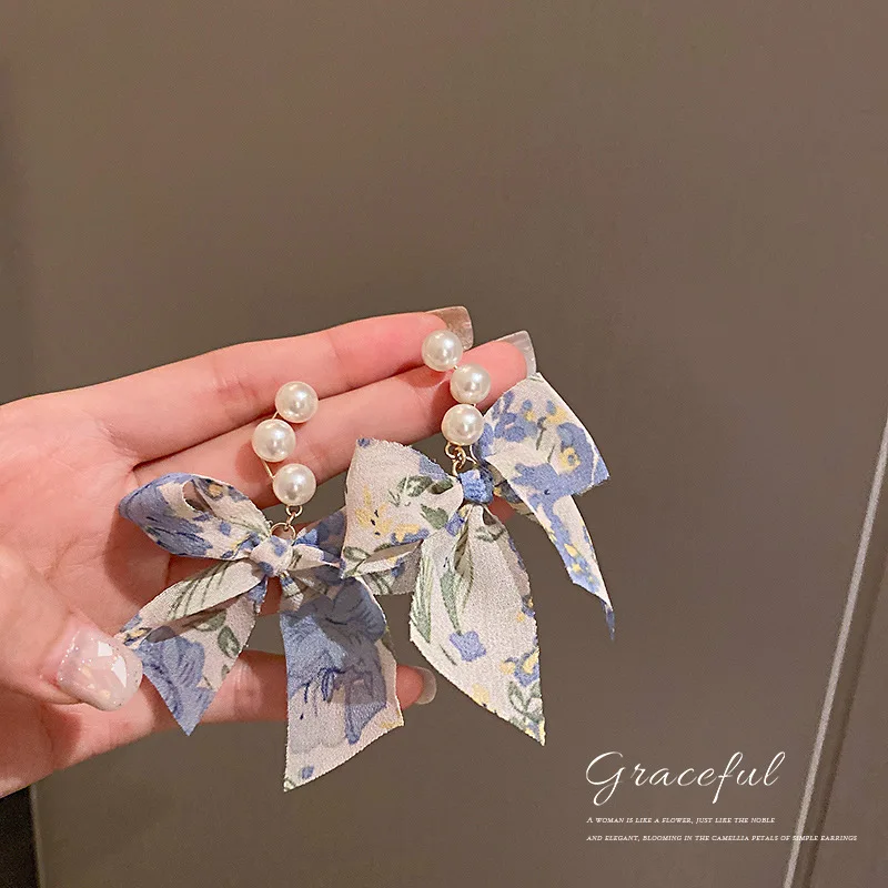 

925 Silver Needle Pearl Gauze Bow Earrings Small and Fresh Design Sen Girlfriend Earrings