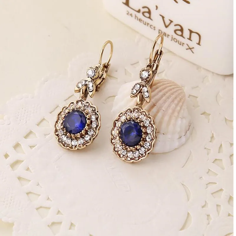 

Fashion Antique Gold Bohemian Style Blue Stone Crystal Women's Drop Earrings xye238