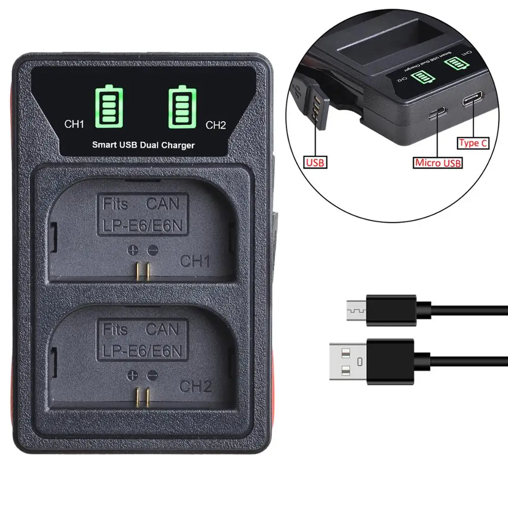 Аккумулятор LP E6 LPE6 2 шт. двойное зарядное устройство USB светодиодный кой и портом