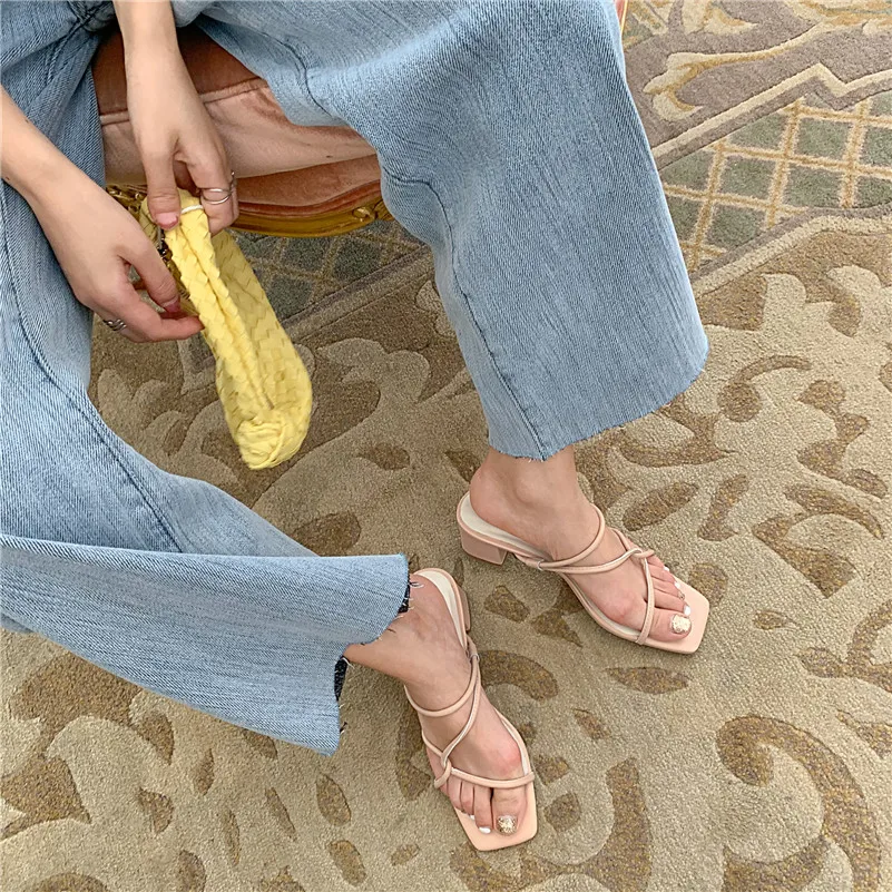 

ANNYMOLI Narrow Band Real Leather High Heel Slippers Women Shoes Square Toe Slides Thick Heels Women Sandal Pink Beige Size 43