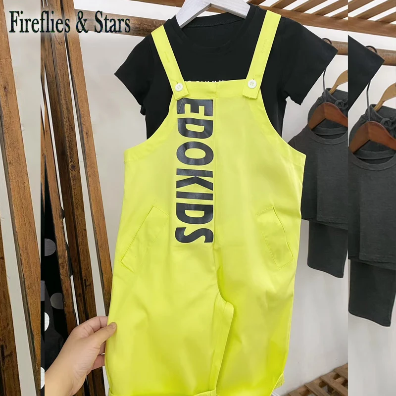 Летний комплект из 2 предметов для девочек детская футболка + штаны на подтяжках