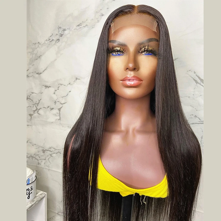 

Preplucked 26Inch Silky Srtaight Natural Black Glueless Lace Front Synthetic Wig With Baby Hair 180%Density Daily/Party Use Soft