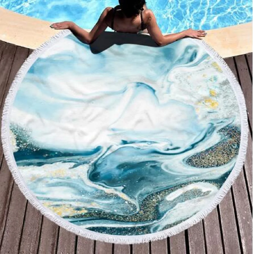 Круглая пляжная полотенце большого размера из микрофибры с ярким рисунком квиксенда для взрослых - "Мраморный".