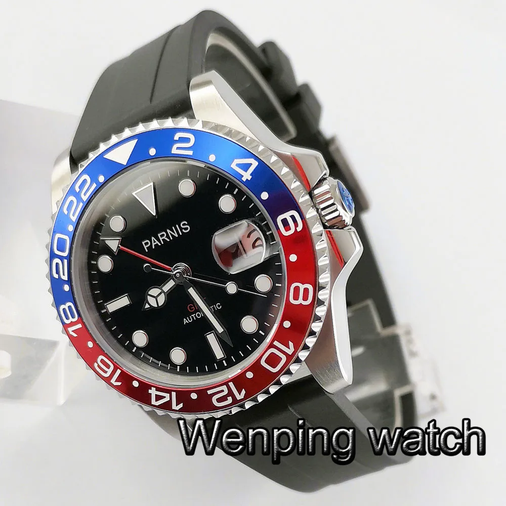 Мужские роскошные брендовые часы Parnis 40 мм GMT красная и синяя рамка сапфировая