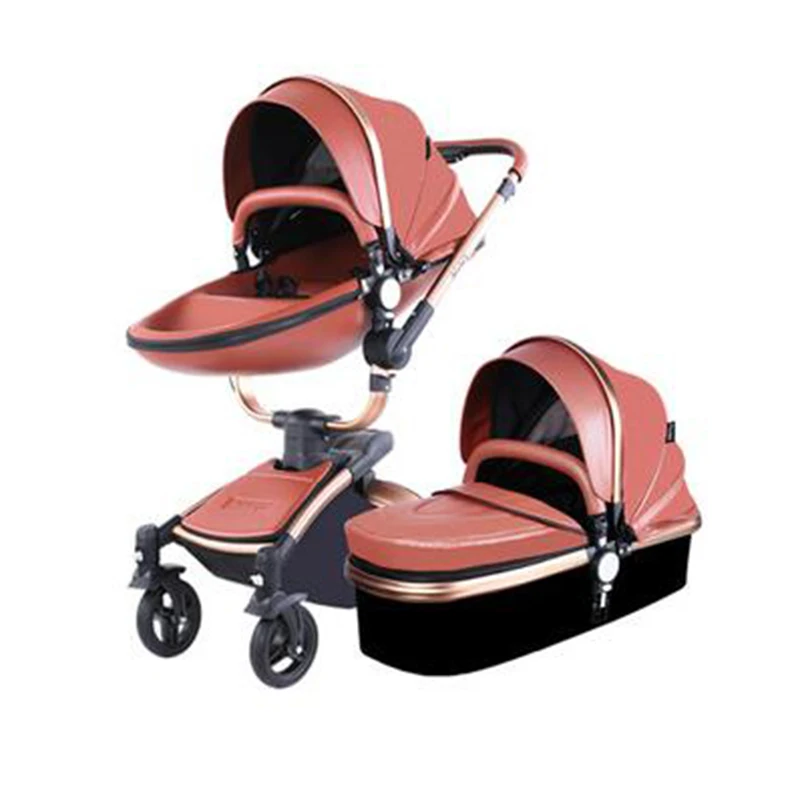 Brown two in one Кожаная складная детская коляска 3 в 1 может лежать на 360 ° вращающаяся амортизирующая четыре колеса многофункциональная детская коляска - Цвет: Brown two in one