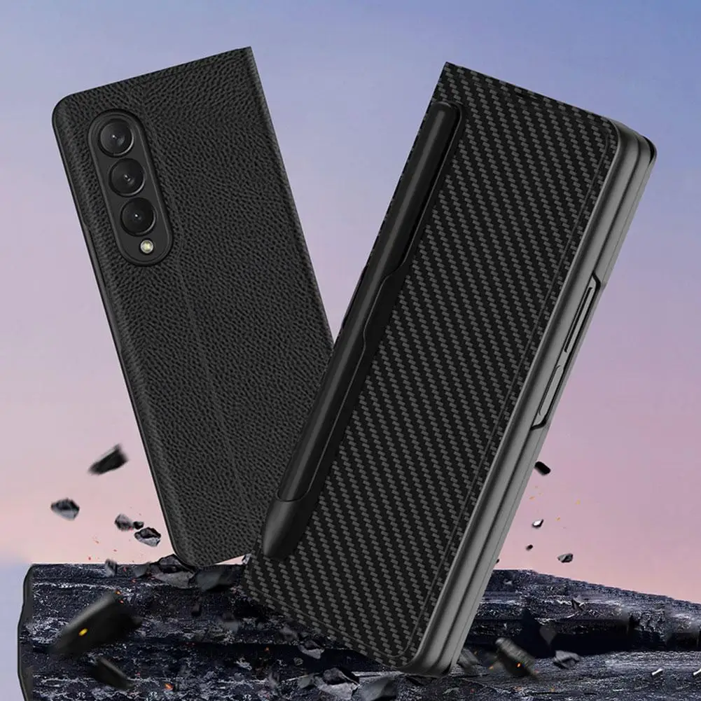 carbon fiber texture s pen holder case for samsung galaxy z fold 3 5g fold3 shockproof phone cover leather flip stand case free global shipping