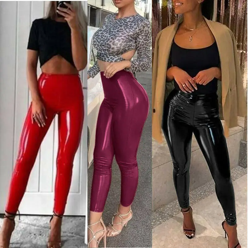 Women Sexy PU Leather Pants Fashion High Waist Stretch Leggings Slim Wet Look Stretchy Hip Push Up Pencil Trousers S-XL | Женская одежда