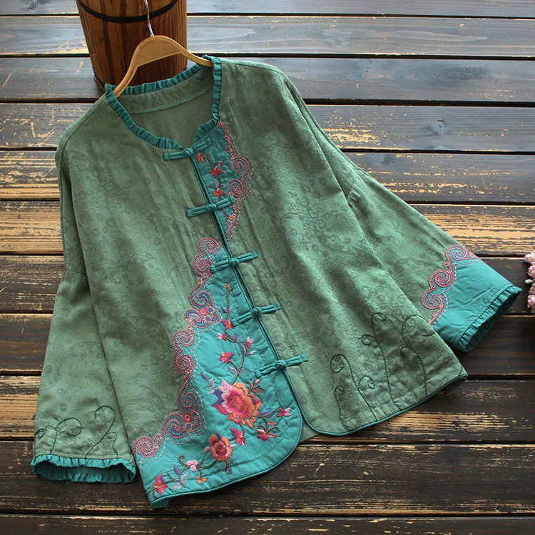 

2021 Spring Fall New Female Ladies Top Ruffled Collar Buckle Color Block Embroidery Women Shirt Long Sleeve Cotton Linen Blusas