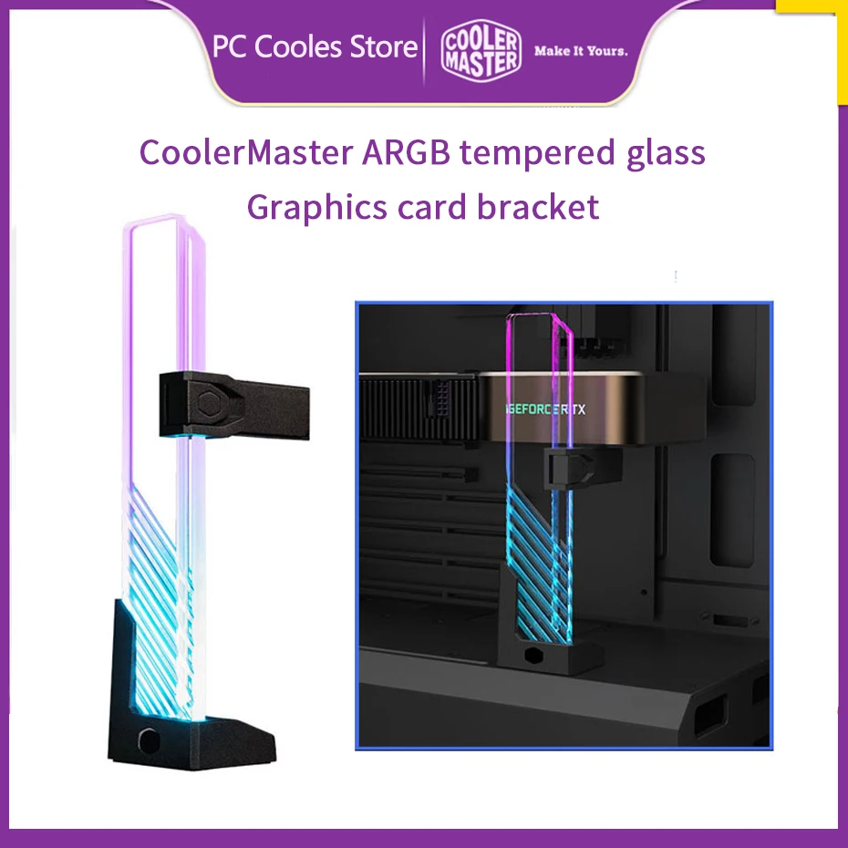 Master 5v/3pin Argb Graphics Cards Bracket Dazzling Tempered Glass Computer Gpu Holder Brace Height Adjustable