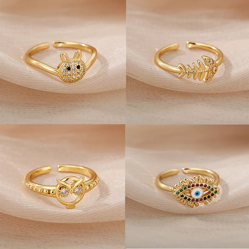 

Cute Small Zircon Owl Fish Rabbit Rings For Women Men Gold Airplane Stars Finger Rings Fashion Jewelry Accessories Boy Girl Gift