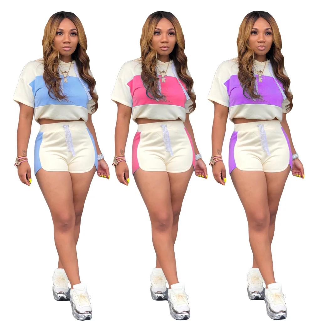 

Two-piece brand sportswear women's summer short-sleeved tops shorts sports suits fashion stitching casual Sexy and elegant