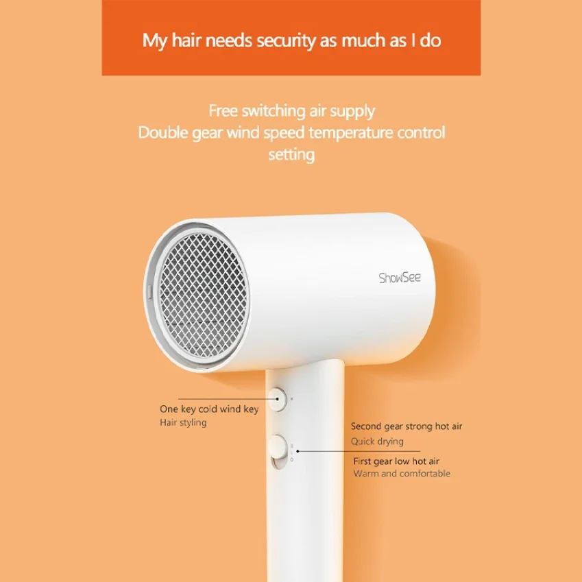 Фен Xiaomi ShowSee компактный портативный с мощным ветром 1800 Вт 100% оригинал | Бытовая