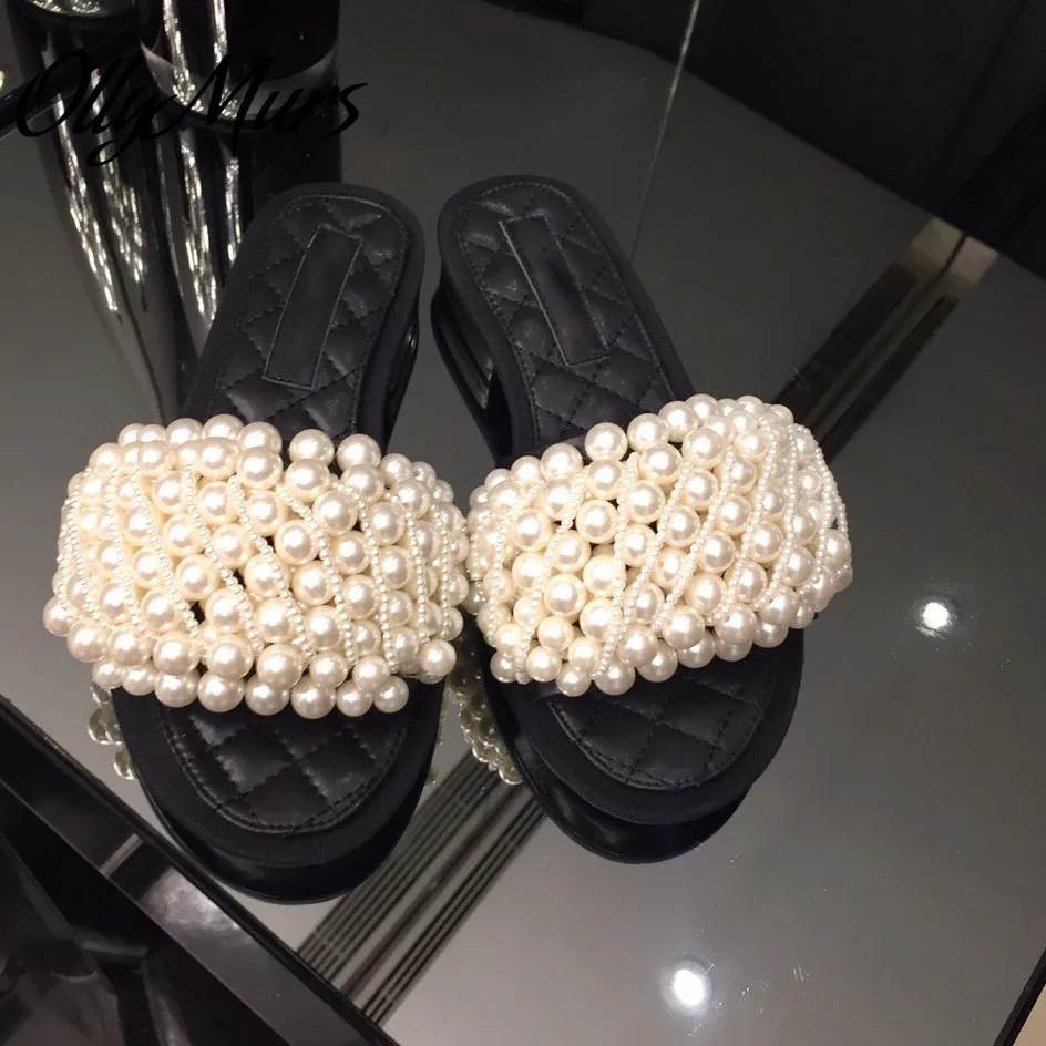 

Ollymurs Luxury Brand Pearl Slippers Women Fashion ladies Flats female Flip Flops Slides Women Mules shoes woman