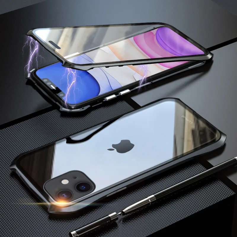 Передний и задний Магнитный стеклянный чехол для Apple iPhone 11 Pro чехол 360 металлический бампер полный корпус чехол для etui iPhone 11 Pro Max чехол - Цвет: Full Black