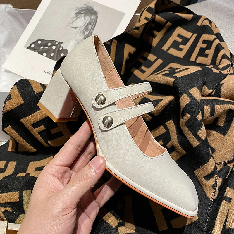 

2021 Cow Leather Elegant Women Shoes Round Toe Basic Square High Heel Shoes Buckle Concise Ladies Shoes Size 34-39