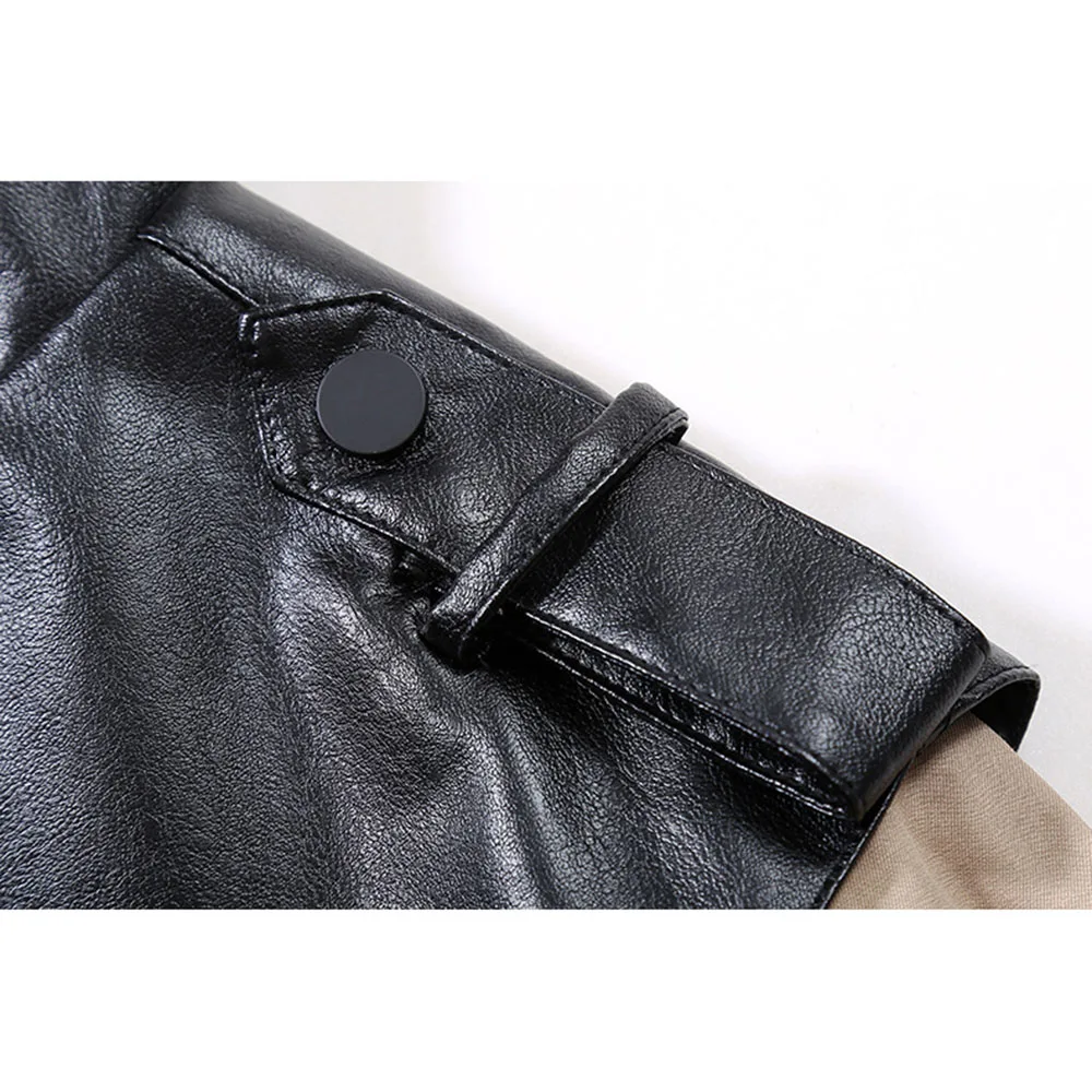 

Women's 2021 Cotton Autumn Long Coat Pu vest Female Double Button splice Loose Windbreaker New Korean Belted Trench Lady Outwear
