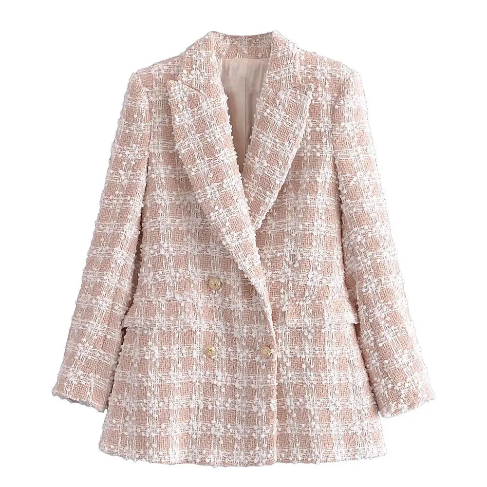 

Women jacket 2021 Autumn Fashion Double Breasted Tweed Check Blazer Coat Vintage Long Sleeve Pockets Female Outerwear Chic