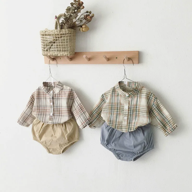 Осенний детский комбинезон для маленьких мальчиков и девочек клетчатая футболка