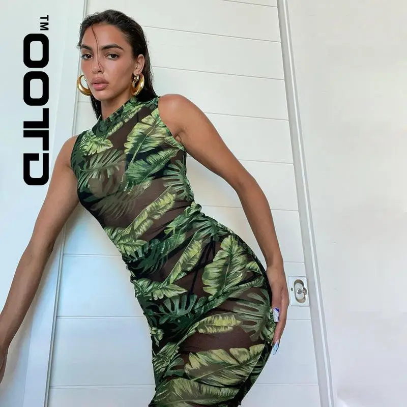 

OOTD Banana Leaf Printed Vest Dress Female Chest Package Hip Skirt 2021 Summer Turtleneck Sheer Sleeveless Dress